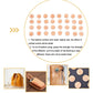 Leather stamping guide showing round stamped pieces and example leather items