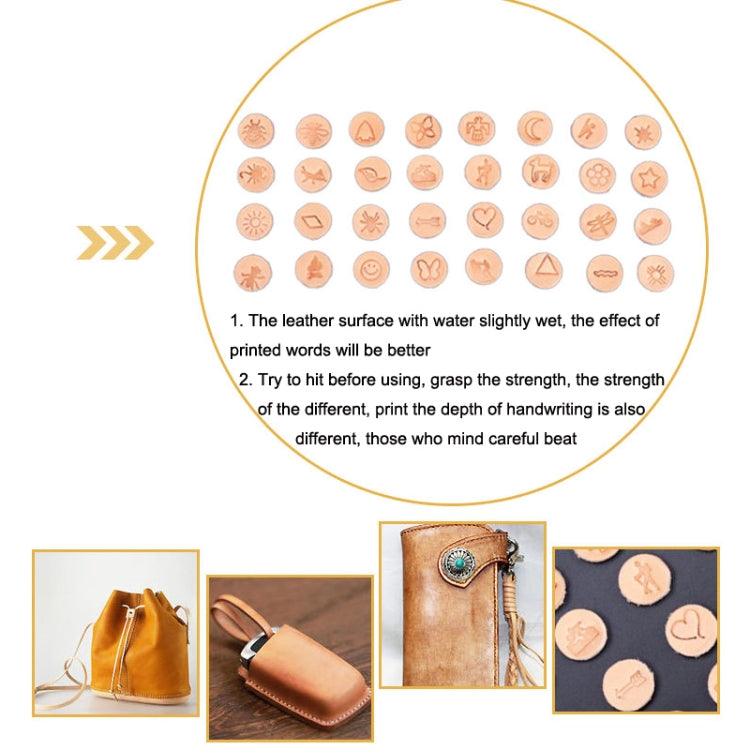 Leather stamping guide showing round stamped pieces and example leather items