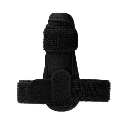 Black finger joint strap finger splint with hook-and-loop wrap and thumb loop
