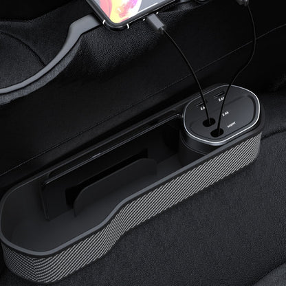 Car seat clip organizer with charging dock and cable ports, carbon-fiber pattern