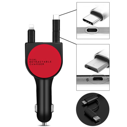 Dual retractable car charger with dual USB ports, red indicator on black body