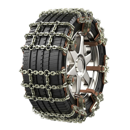 Snow tire traction chain set on black tire with silver rim and gold metal links