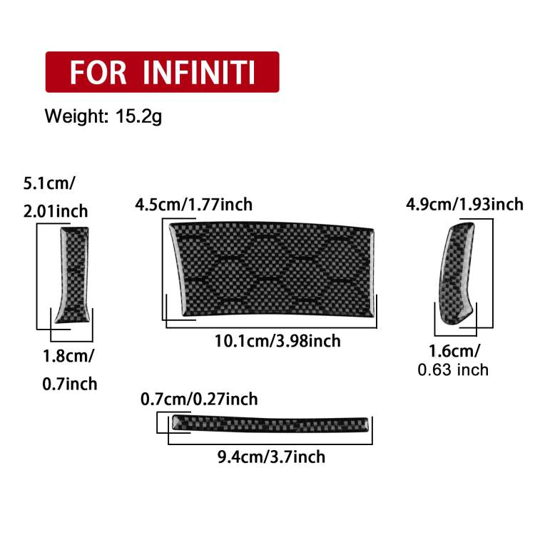 Four-piece carbon fiber patterned dashboard button/trim cover stickers with size diagram
