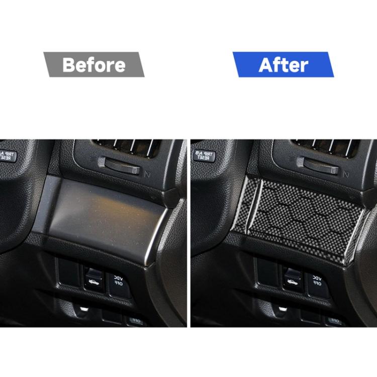 Dashboard trim cover stickers in carbon fiber pattern, before-and-after side-by-side view