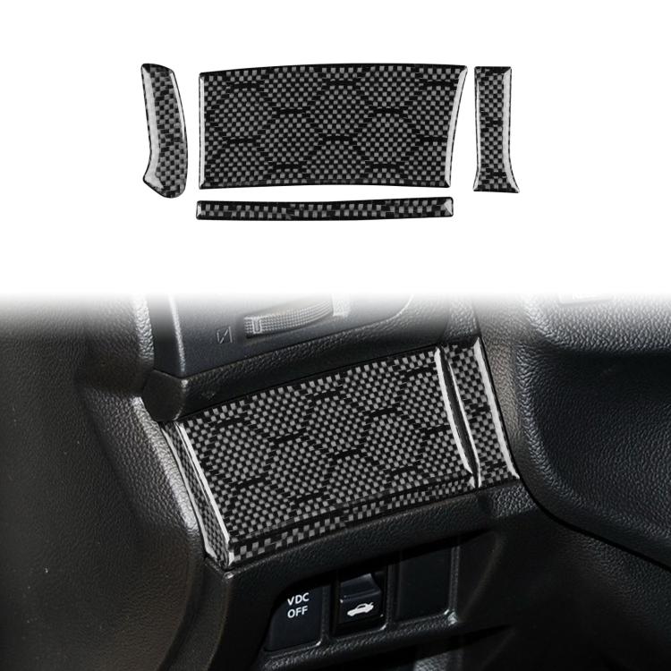 Installed carbon-fiber button cover trim with checkered pattern on steering controls