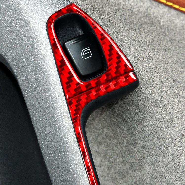 Left-hand drive door switch trim sticker in red carbon-fiber pattern, close-up