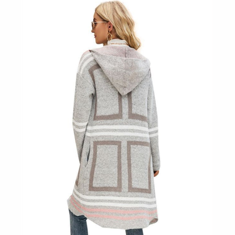 Grey hooded knit cardigan back view with geometric plaid blocks and striped hem, open