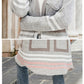 Grey striped hooded knit cardigan with plaid pattern and button front