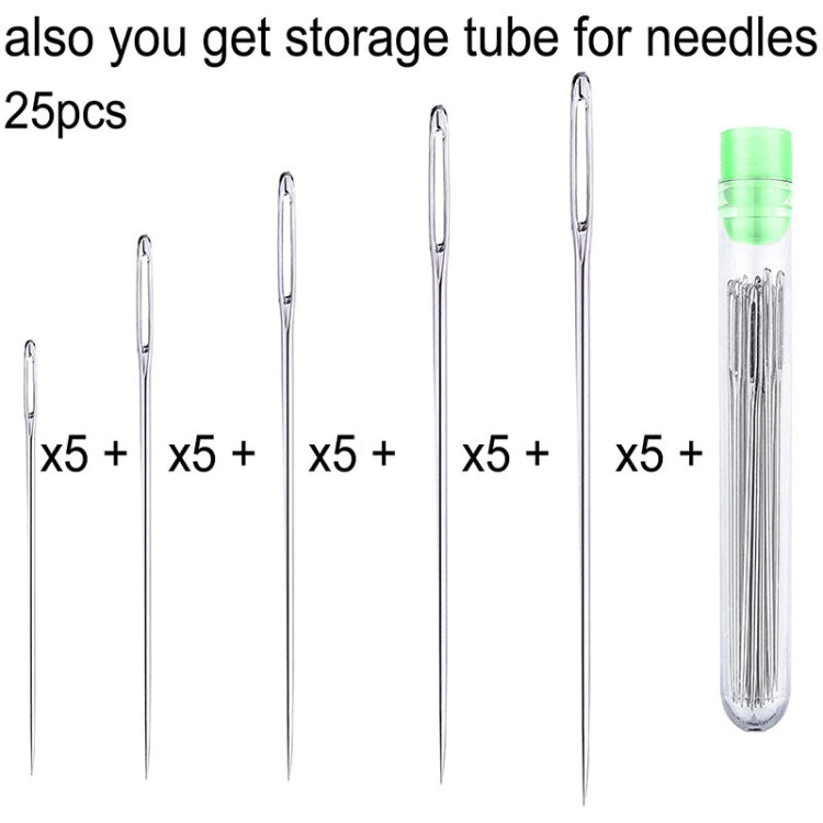 Embroidery needle set with 25 stainless steel needles and green-capped storage tube