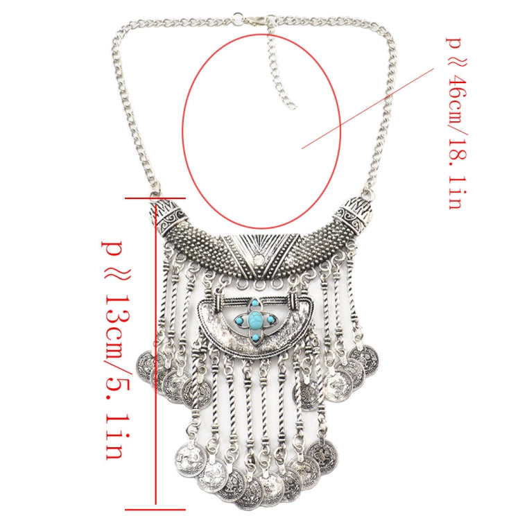 Tassel statement necklace with silver chain and layered charm tassels, featuring blue turquoise