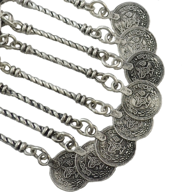 Silver-tone collarbone chain with embossed oval charms and ring links