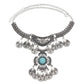 Tassel statement necklace with silver chain, crescent bib, and turquoise gemstone tassel charms