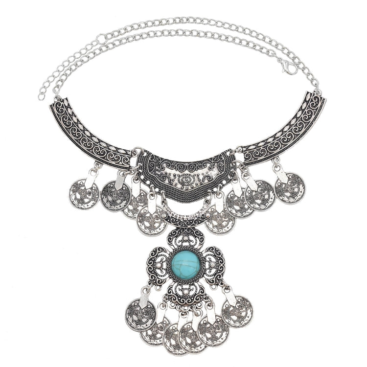 Tassel statement necklace with silver chain, crescent bib, and turquoise gemstone tassel charms