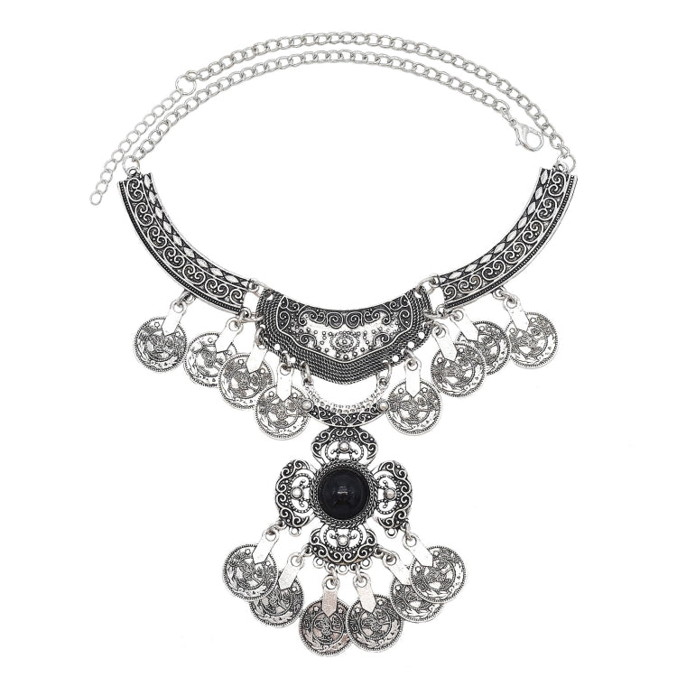 Tassel statement necklace with silver chain, filigree bib, and black center gemstone charm