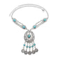 Tassel statement necklace with silver chain and oval turquoise gemstone centerpiece and drops