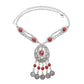 Tassel statement necklace with silver chain and red oval gemstone centerpiece with dangling charms