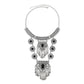 Tassel statement necklace with silver chain and black gemstone filigree centerpiece and drops