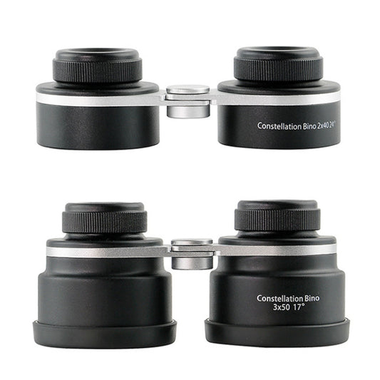 Compact binoculars shown from front and back angles, black with silver hinge