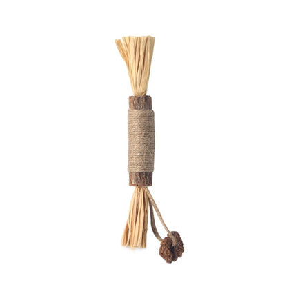 Jute-wrapped straw cat teething stick with small dark pom-pom accent
