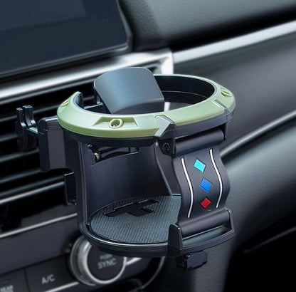 Car cup holder accessory with green and black holder ring and side hook