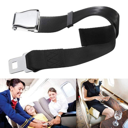 Black aircraft buckle adjustable seat belt webbing with silver metal buckle and latch
