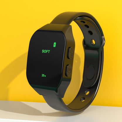 Black watch-style pulse therapy strap with soft mode indicator on screen