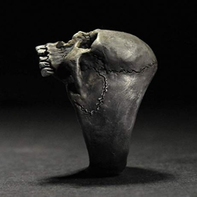 Silver-tone skull ring side view with cracked detailing and textured finish