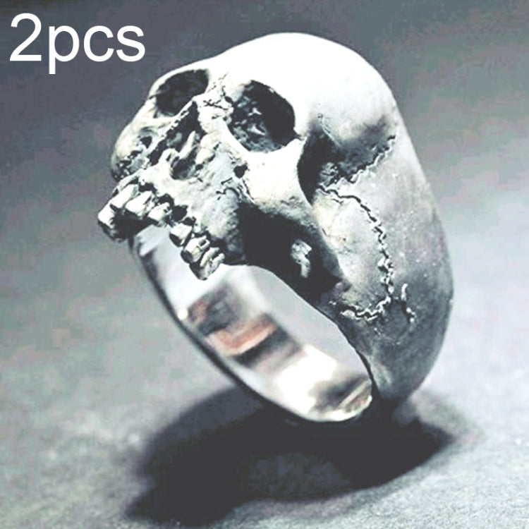Silver-tone skull statement ring with engraved teeth and side crack lines