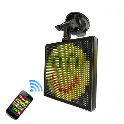RGB LED car emoticon display with suction cup mount, showing colorful smiley pixel face