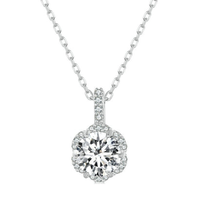 Sterling silver zircon pendant necklace with round halo center stone