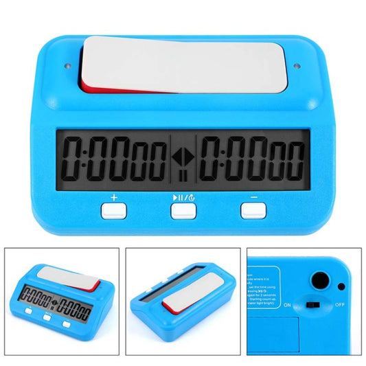 Blue digital chess clock showing dual LCD countdown timers and center play indicator