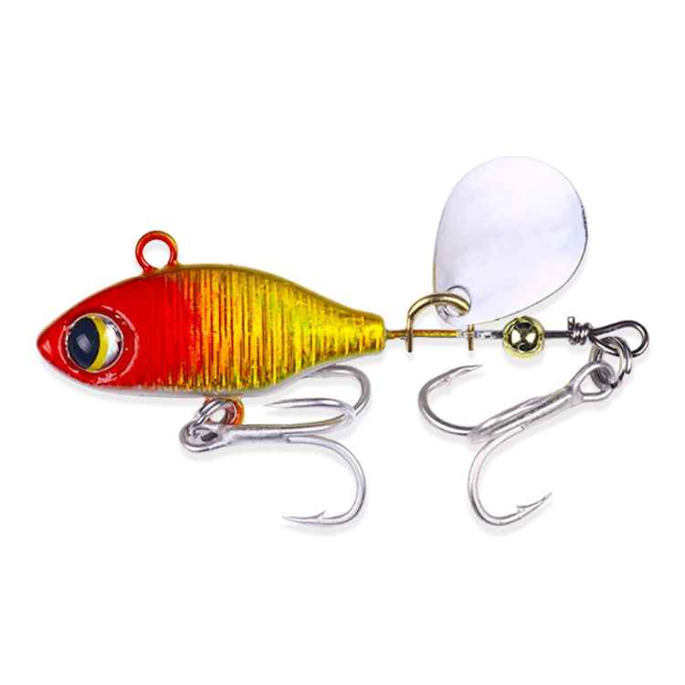 Sequin VIB fishing lure with red-gold body, silver treble hooks, and white spinner blade