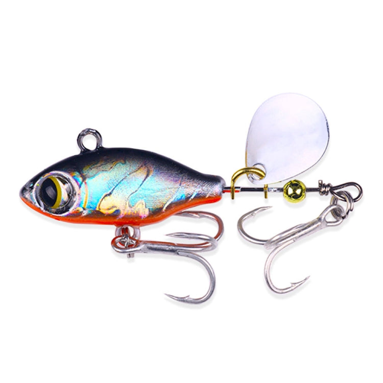 Sequin VIB fishing lure with dark blue body, silver treble hooks, and white spinner blade