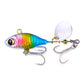 Sequin VIB fishing lure with multicolor rainbow body, silver treble hooks, and white spinner blade