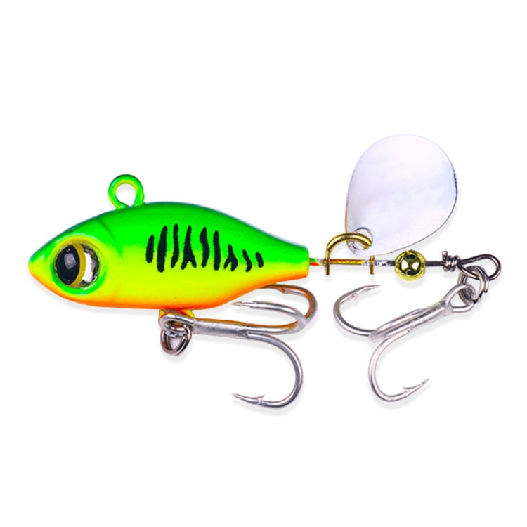 Sequin VIB fishing lure with neon green body, silver treble hooks, and white spinner blade