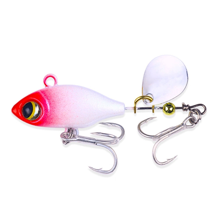 Sequin VIB fishing lure with pink body and red head, silver treble hooks, and white spinner blade