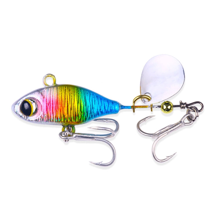 Sequin VIB fishing lure with rainbow glitter body, silver treble hooks, and white spinner blade
