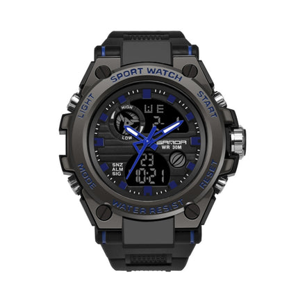 Blue-accent sport wristwatch with black case, dual displays, and side buttons