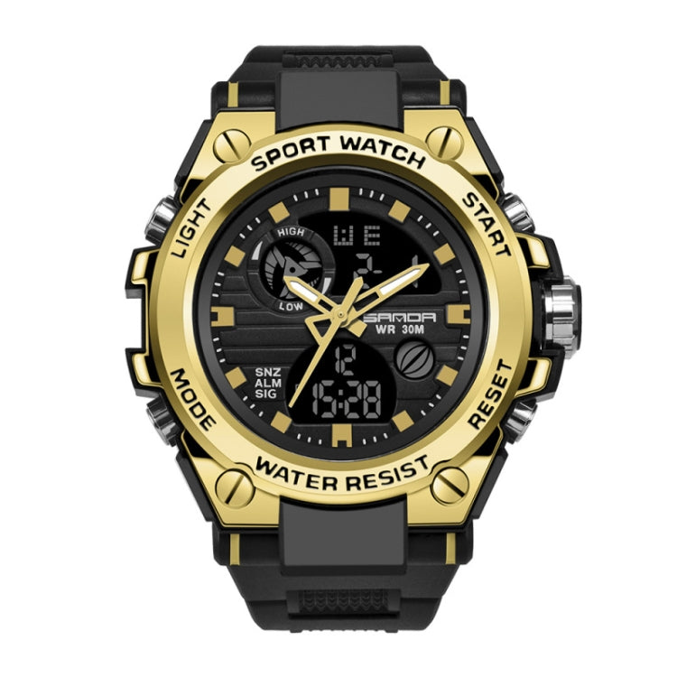 Gold-tone sport wristwatch with black dial, dual displays, and textured strap