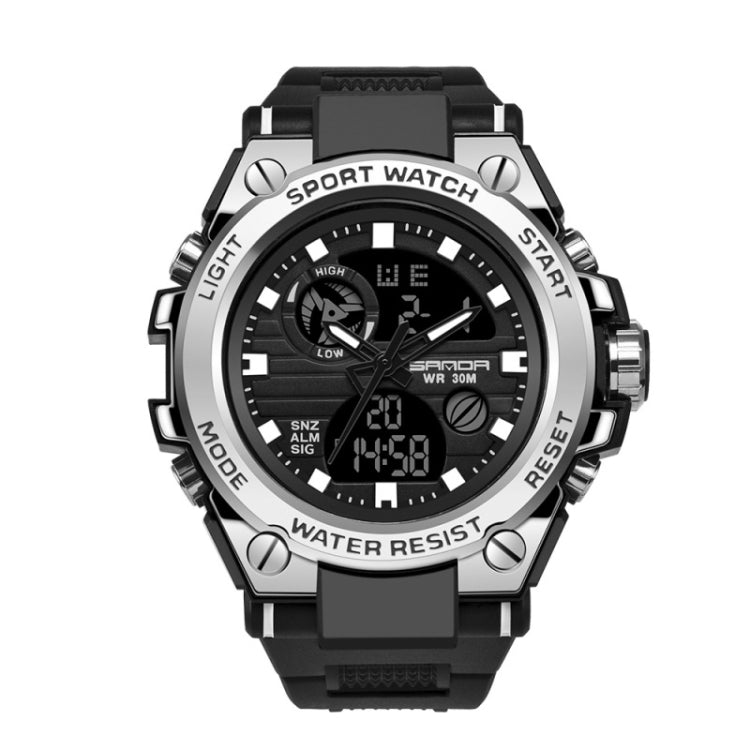 Silver-tone sport wristwatch with black dial, dual displays, and rugged side buttons
