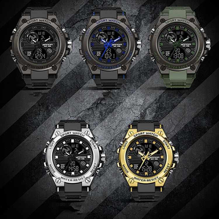 Sport wristwatch shown in multiple color options, front views with dual displays