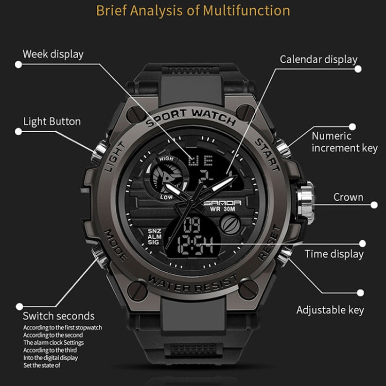 Sport wristwatch front view with analog hands, digital numerals, crown and buttons
