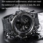 Black sport wristwatch with water droplets near the case and strap