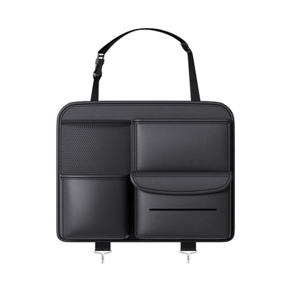 Car seat back storage bag, black with two side pockets and center flap organizer