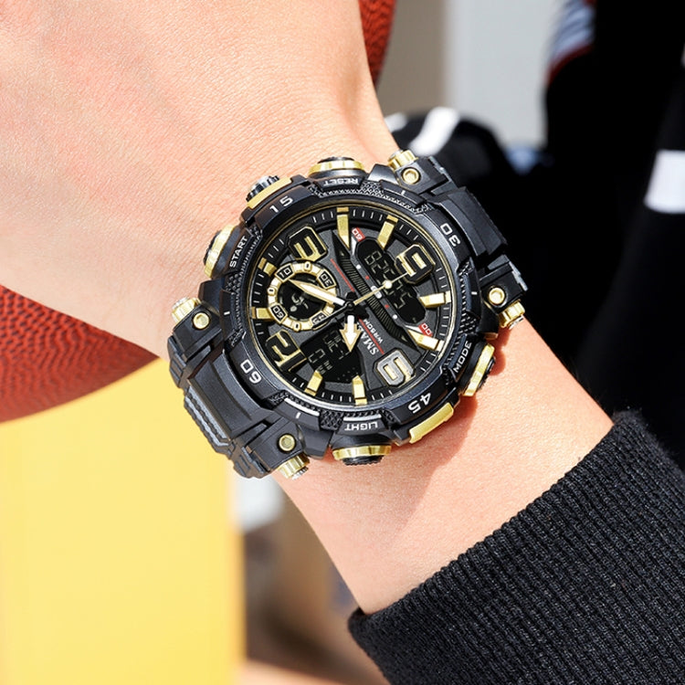 SMAEL men's sports watch with black case, gold accents, multi-dial face, black strap