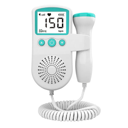 Handheld doppler fetal heart monitor in white with green-tinted probe and display screen