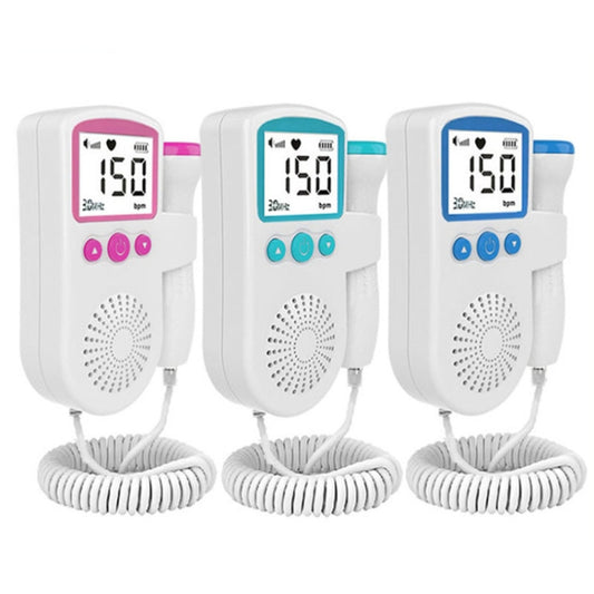 Set of handheld doppler fetal heart monitors with pink, teal, and blue probe tips