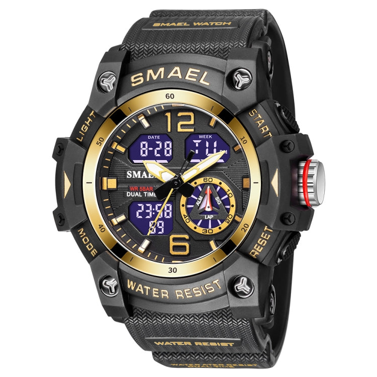 SMAEL waterproof dual-dial quartz sports watch with black and gold case