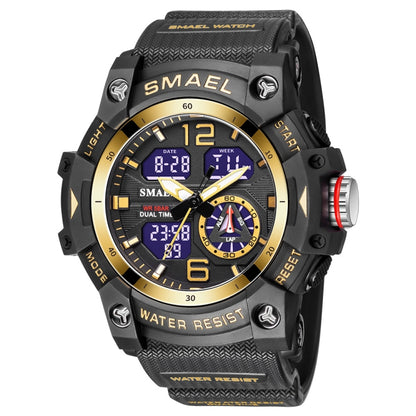 SMAEL waterproof dual-dial quartz sports watch with black and gold case