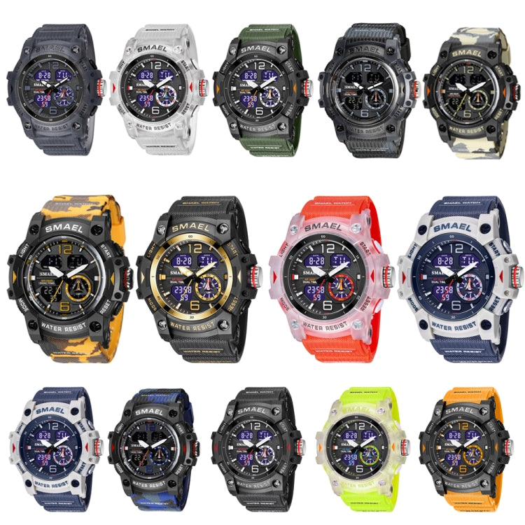 Assorted SMAEL waterproof quartz sports watches in multiple colors, including black and blue